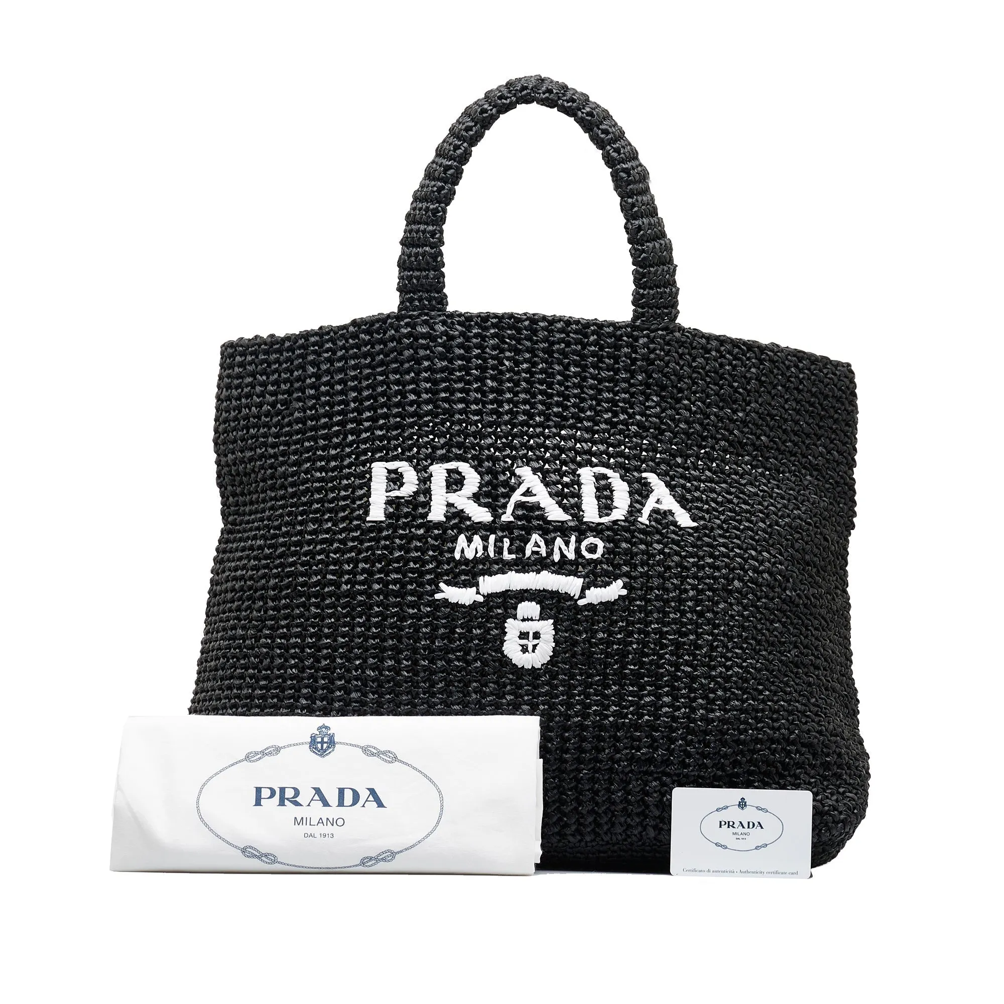 Black Prada Raffia Logo Tote