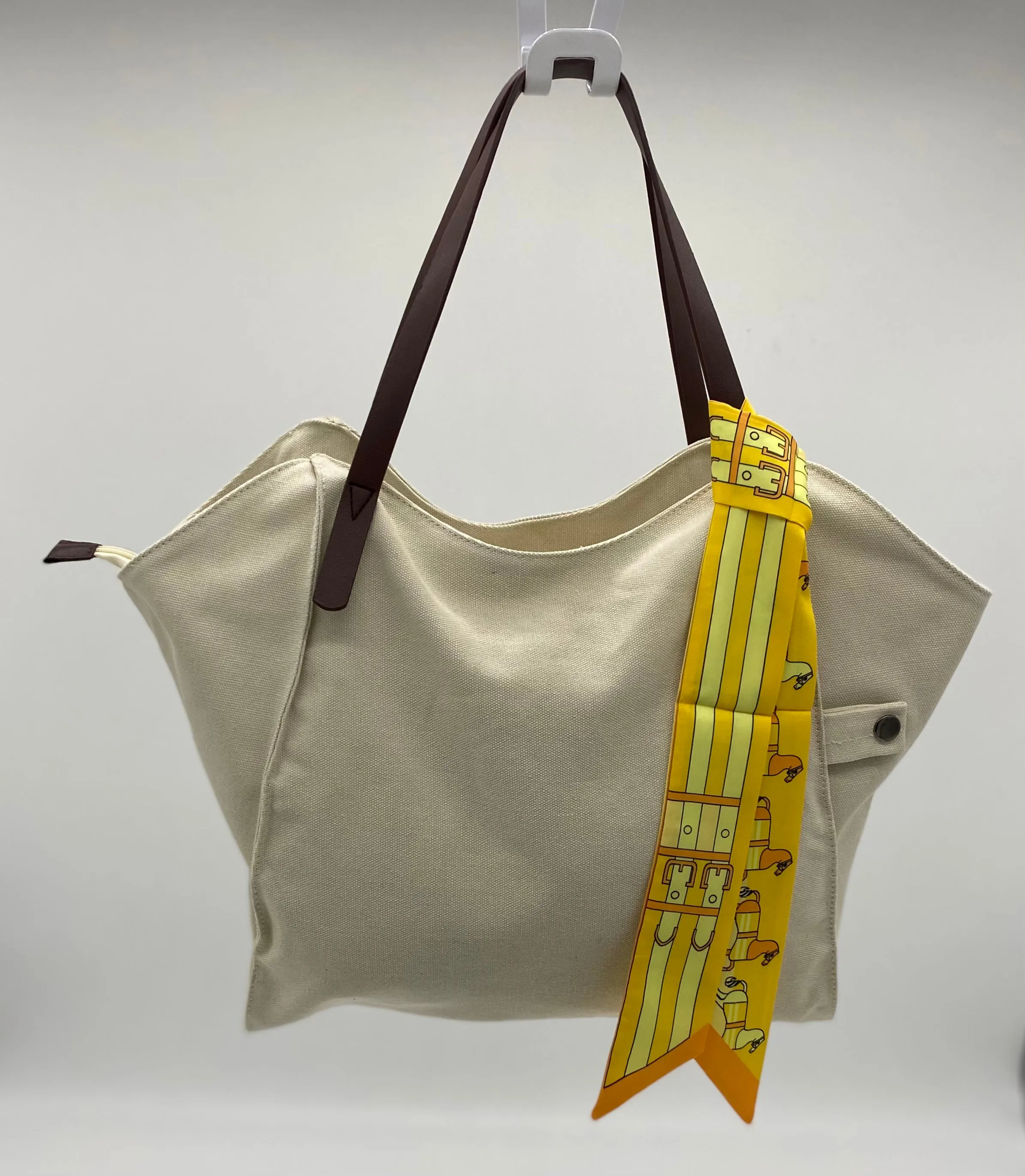 Canvas Tote - Zippered Top w/ Vegan Leather Handles - Cream Color