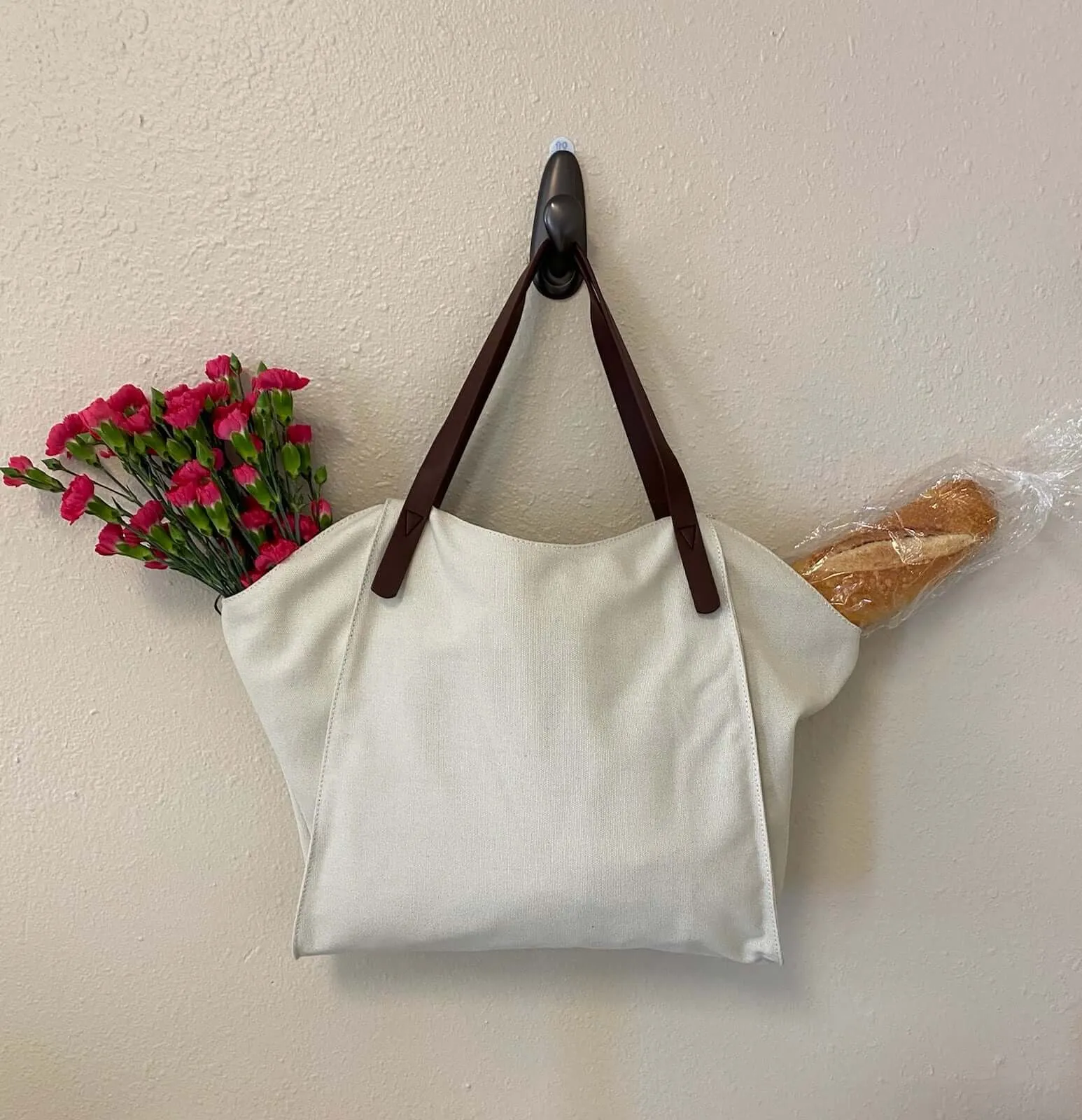 Canvas Tote - Zippered Top w/ Vegan Leather Handles - Cream Color