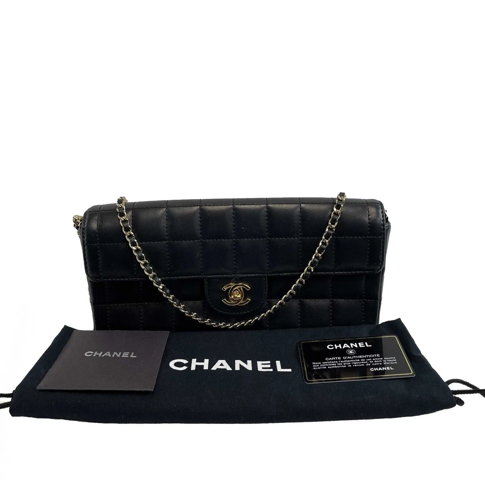 Chanel Black Vintage Chocolate Bar Bag East West Flap CC Gold Handbag