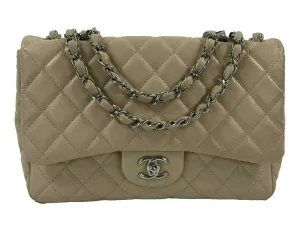 CHANEL - Jumbo Lambskin Quilted Single Flap - Beige / Silver Shoulder Bag