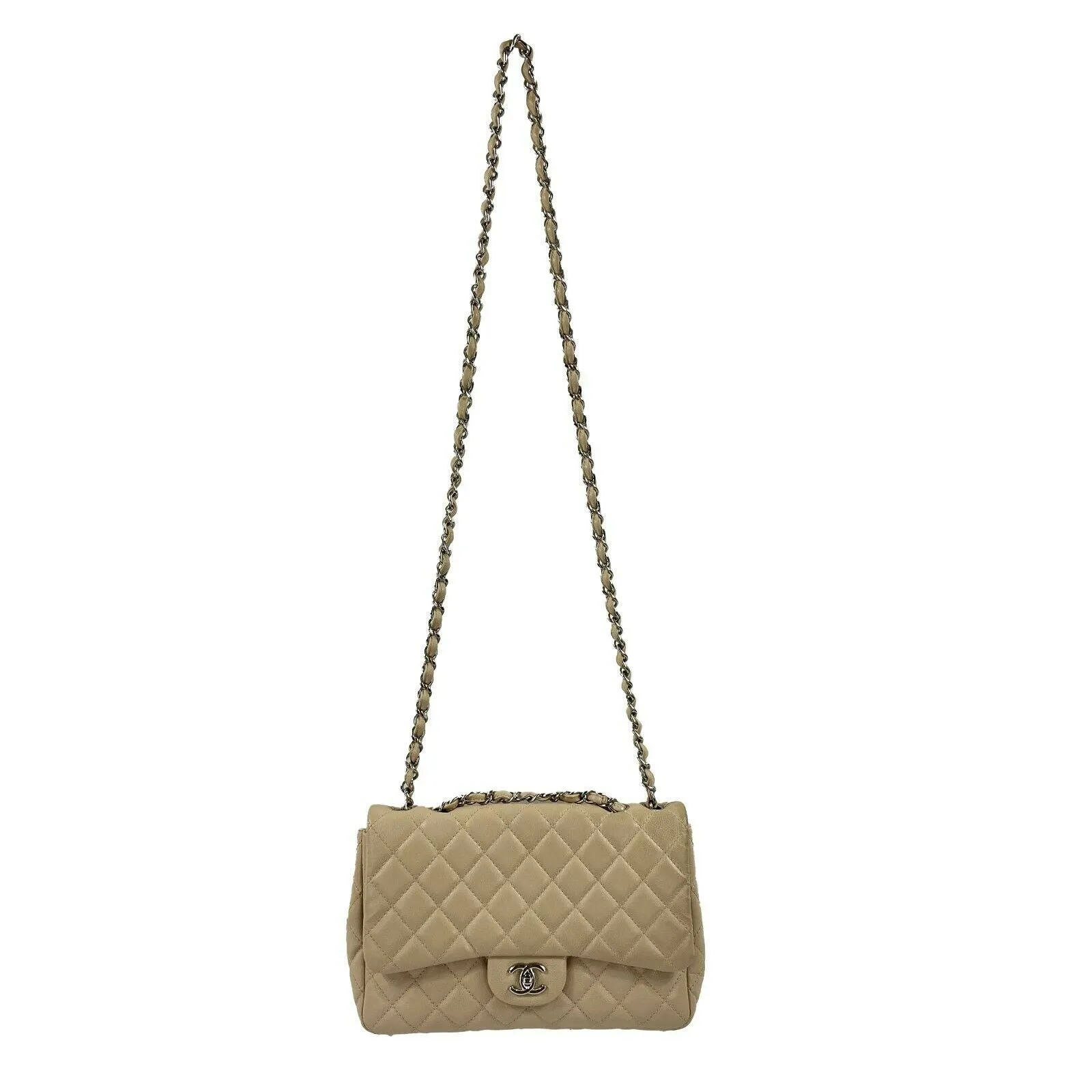 CHANEL - Jumbo Lambskin Quilted Single Flap - Beige / Silver Shoulder Bag