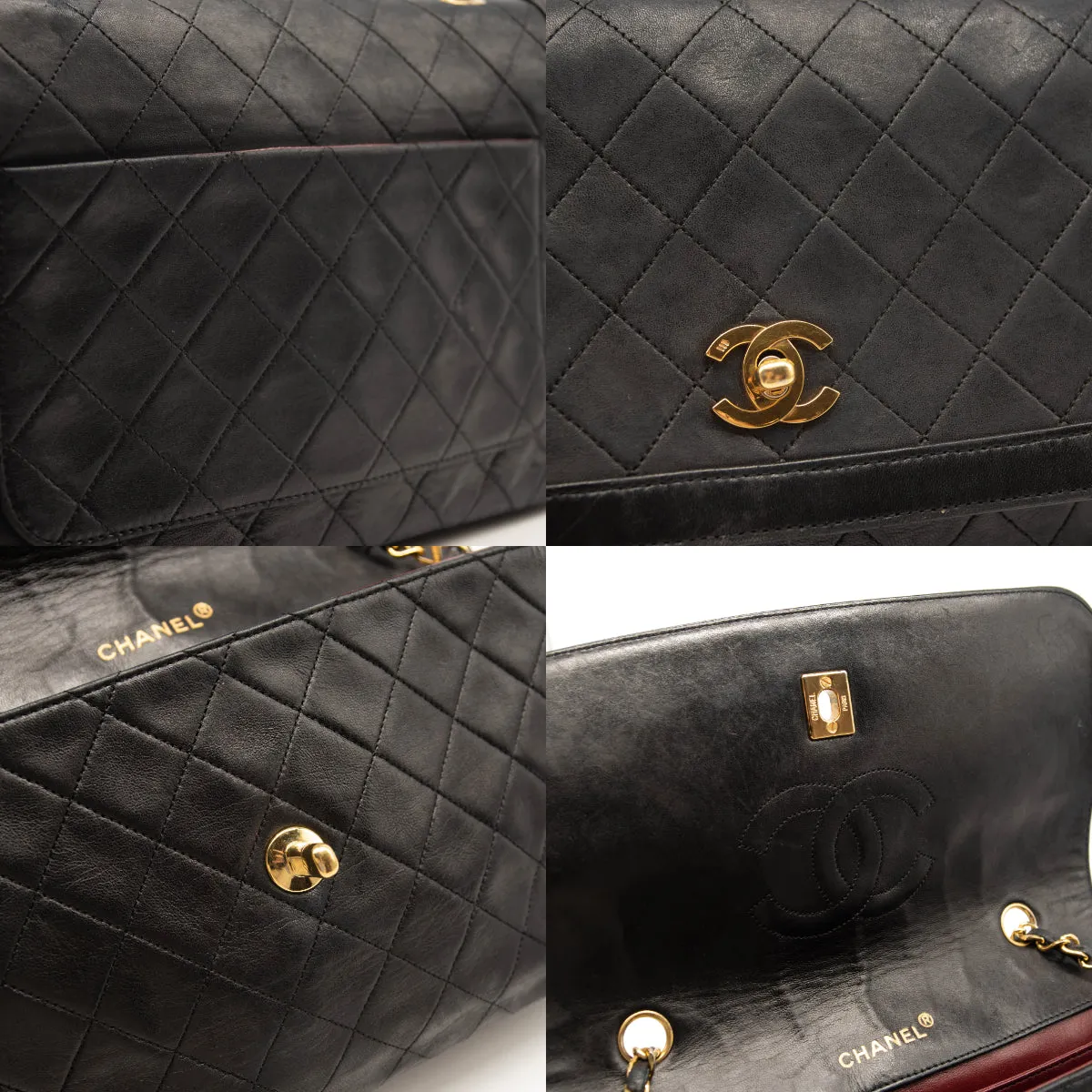 Chanel Vintage Large Quilted Flap Bag Black Gold Shoulder Bag Crossbody