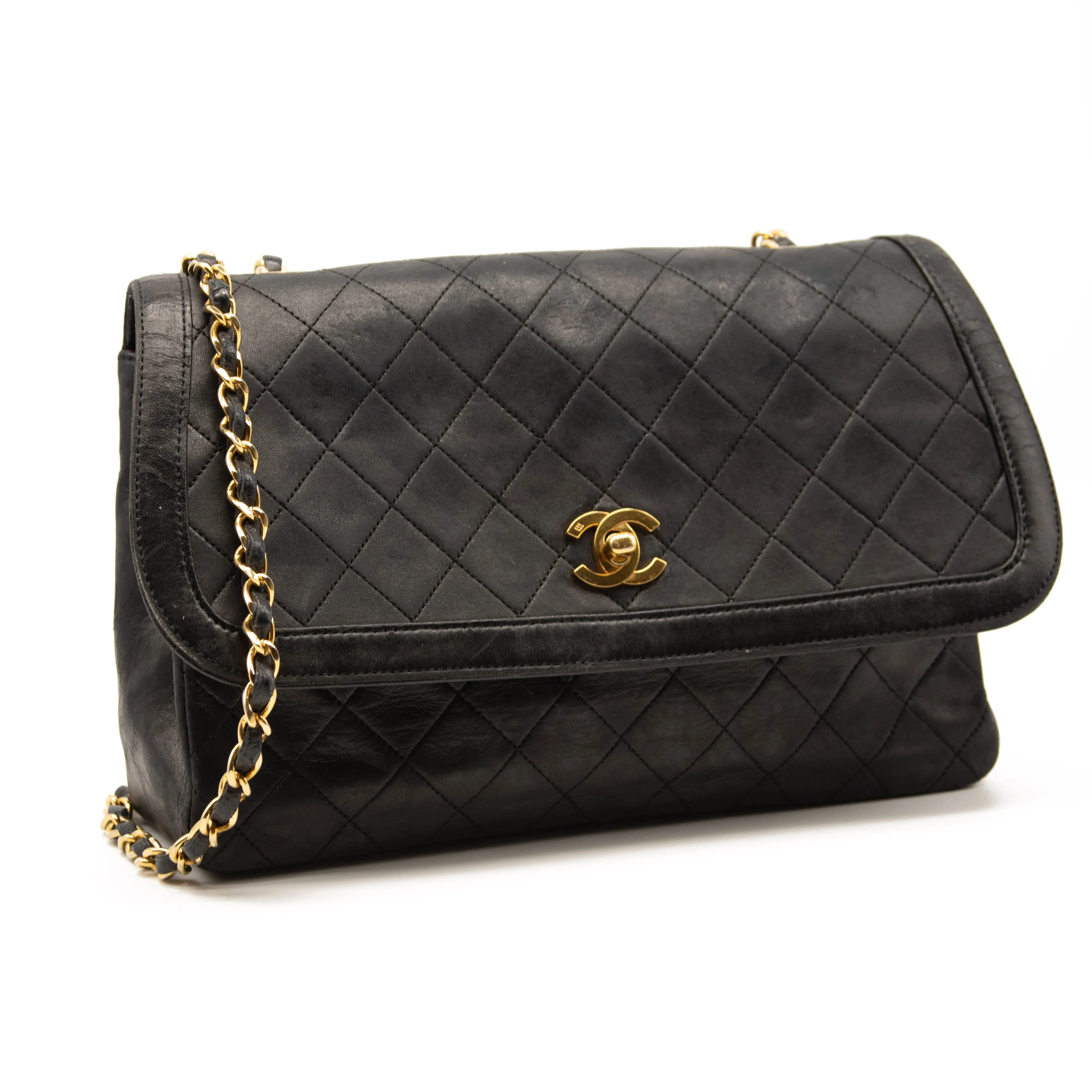 Chanel Vintage Large Quilted Flap Bag Black Gold Shoulder Bag Crossbody