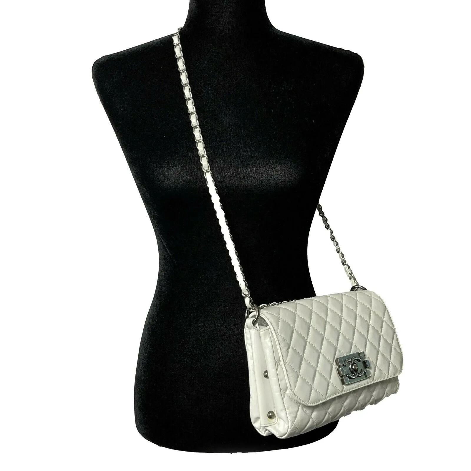 CHANEL - White / Aged-Silver CC Quilted Medium Leather Flap Crossbody / Shoulder