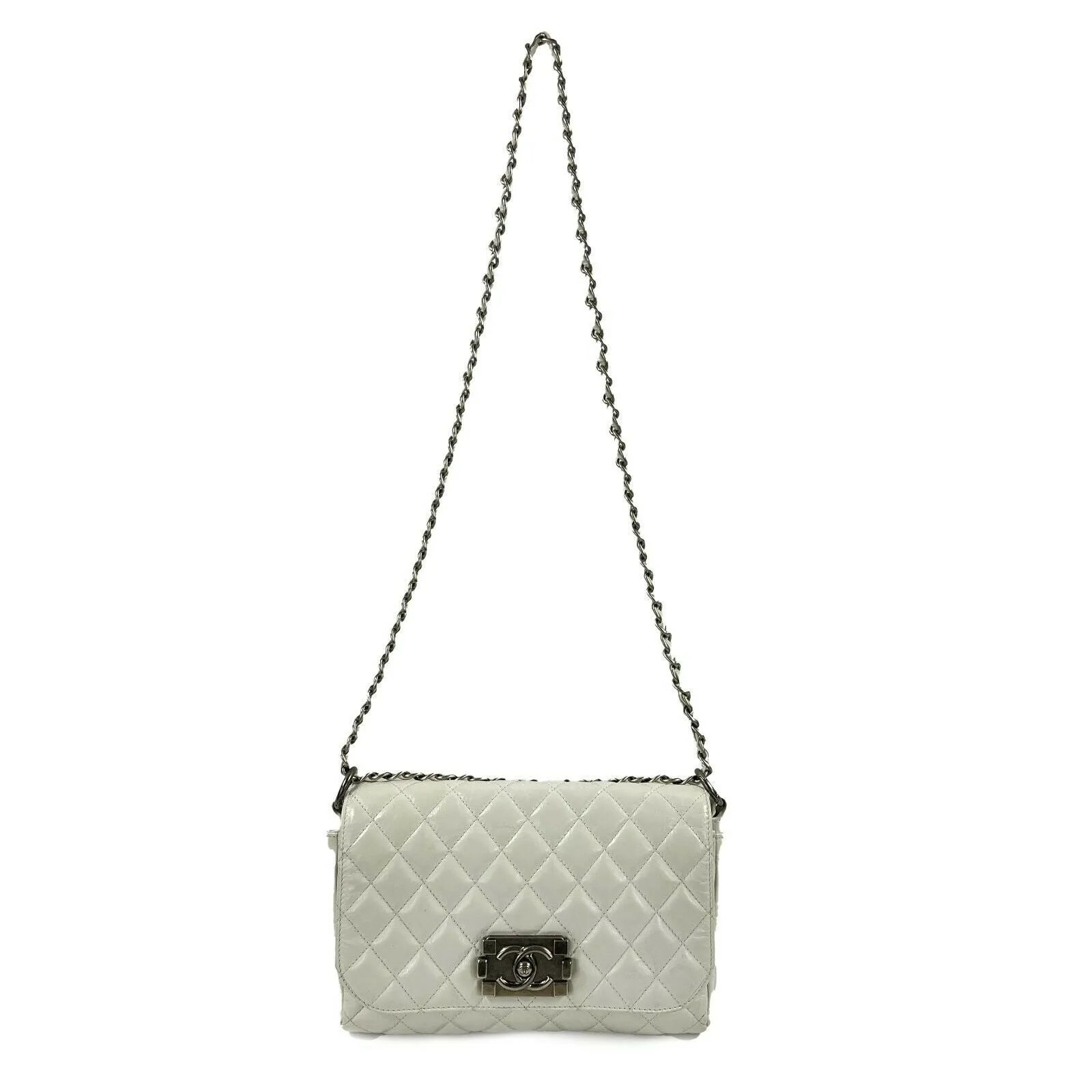 CHANEL - White / Aged-Silver CC Quilted Medium Leather Flap Crossbody / Shoulder