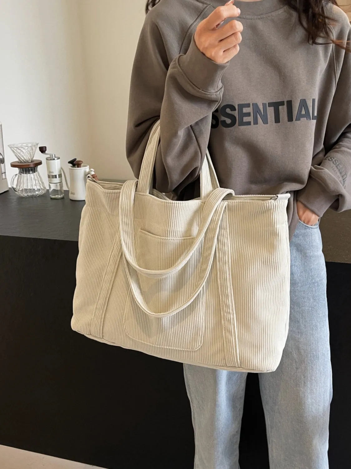 Corduroy Solid Large Tote Bag