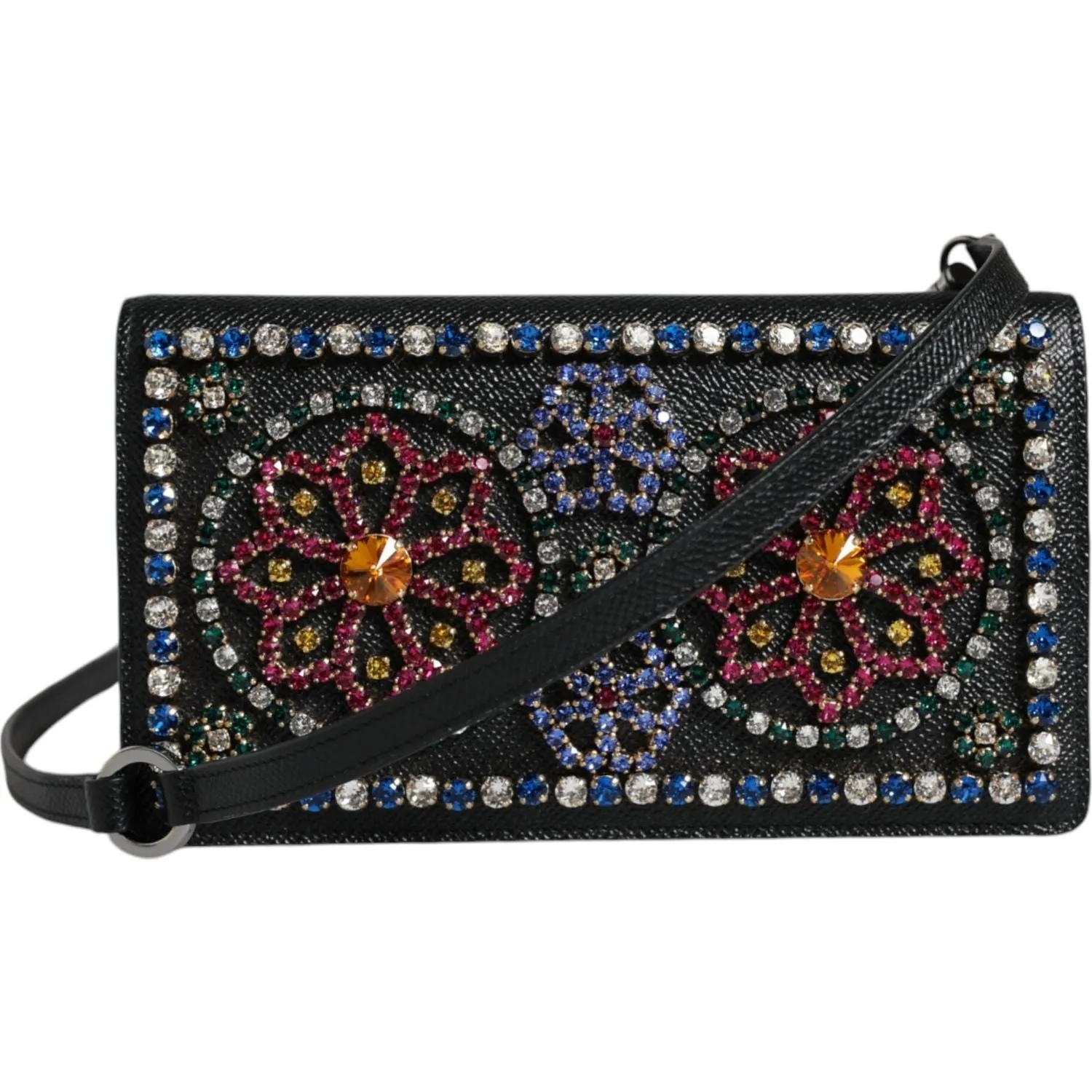 Dolce & Gabbana Black Leather Crystal Shoulder Crossbody Clutch Bag