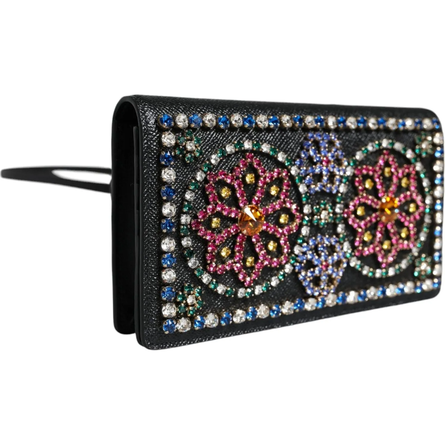 Dolce & Gabbana Black Leather Crystal Shoulder Crossbody Clutch Bag