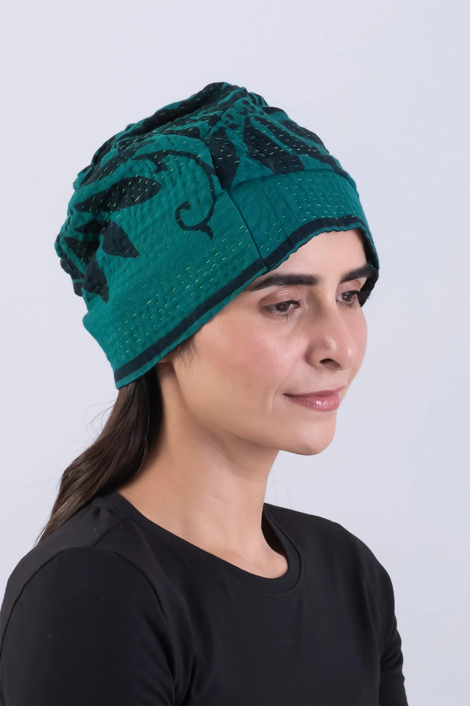 EMERALD GREEN KANTHA PATCHWORK HAT - eg4880-tel -