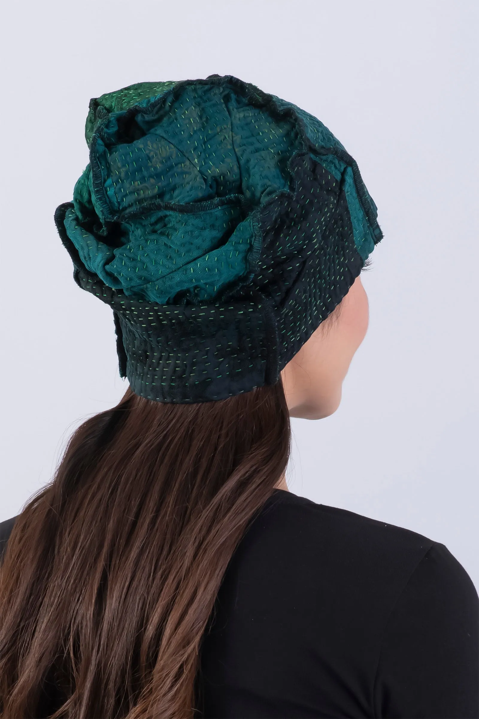 EMERALD GREEN KANTHA PATCHWORK HAT - eg4880-tel -