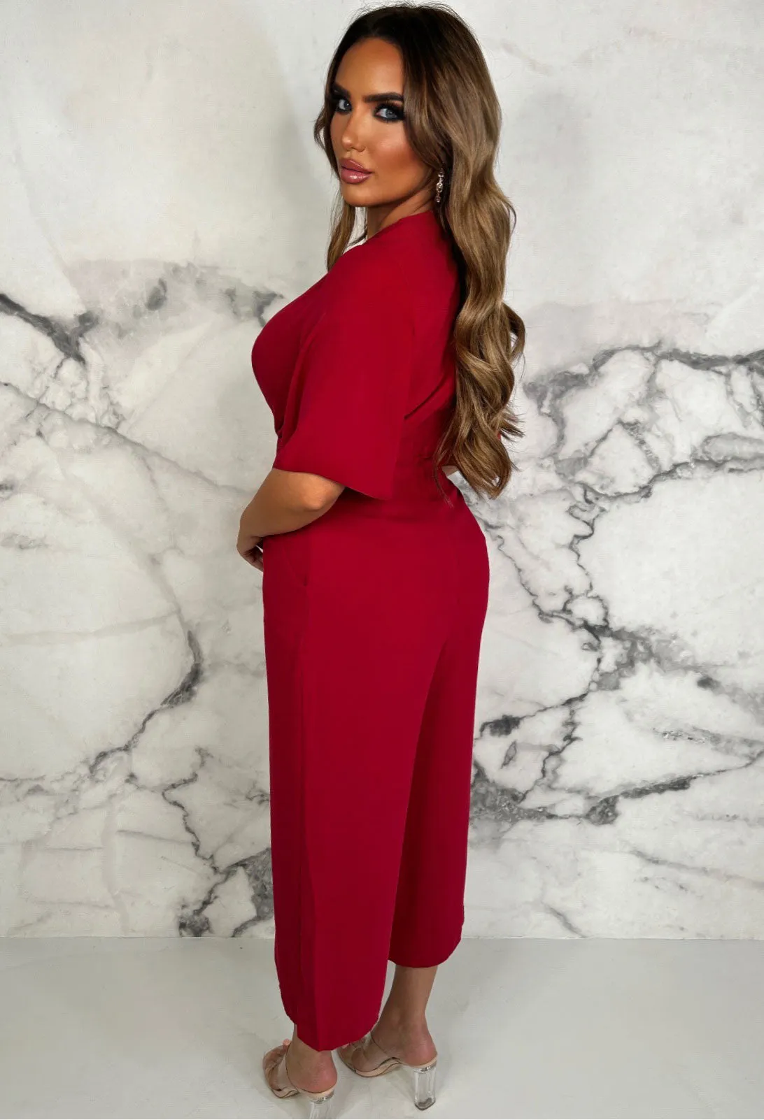 Fashionista Red Knot Front Wide Leg Jumpsuit