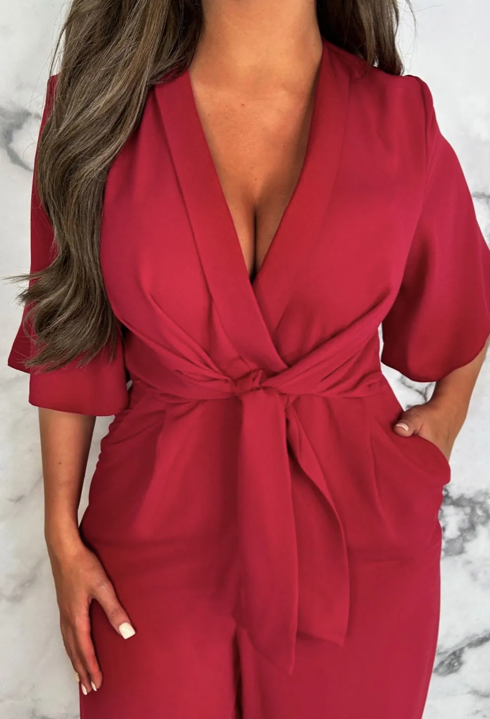 Fashionista Red Knot Front Wide Leg Jumpsuit