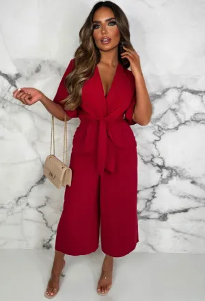 Fashionista Red Knot Front Wide Leg Jumpsuit