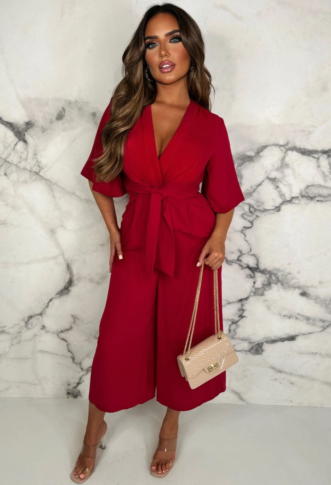 Fashionista Red Knot Front Wide Leg Jumpsuit