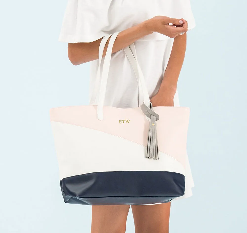 Faux Leather Color Block Tote Bag - Pink, Navy & White