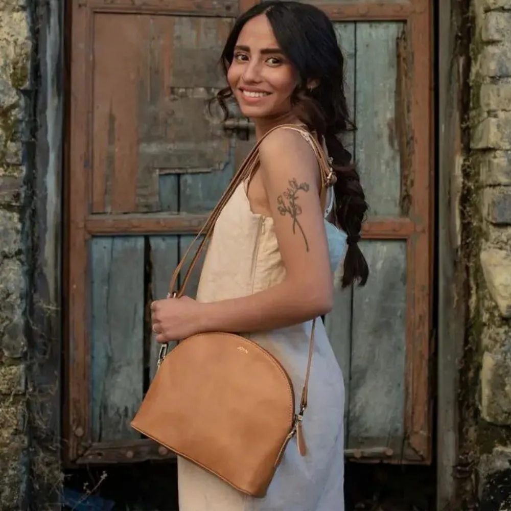 Half-Moon Leather Crossbody Bag - Camel