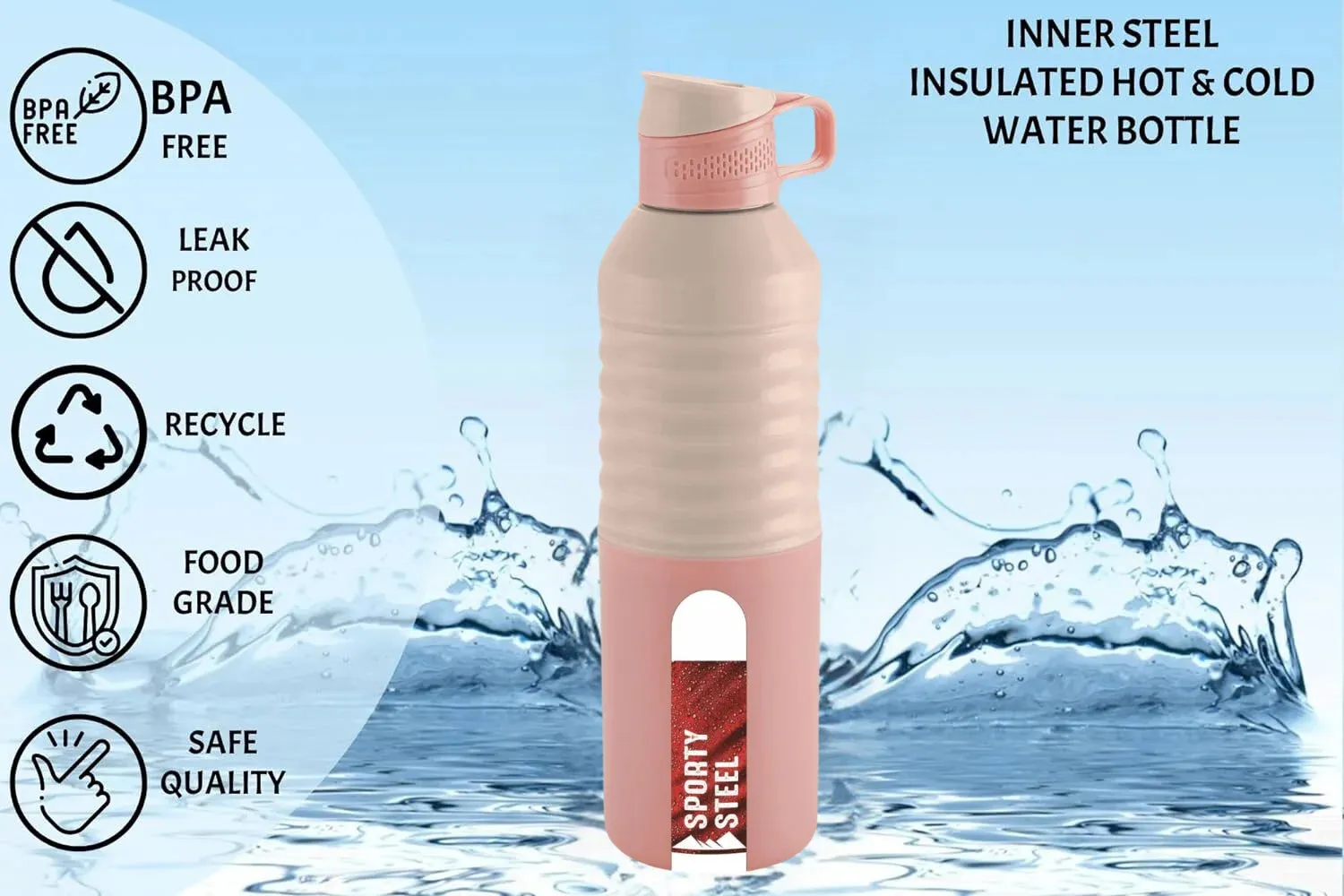 Liza Pink Sporty Insulated Steel Bottle for Office, Home, School | Leak Proof | Wide Mouth 800ml