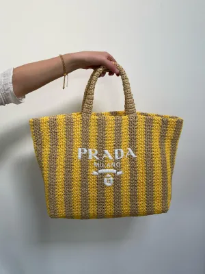 Prada Large Raffia Striped Tote Bag (Tan/Yellow)