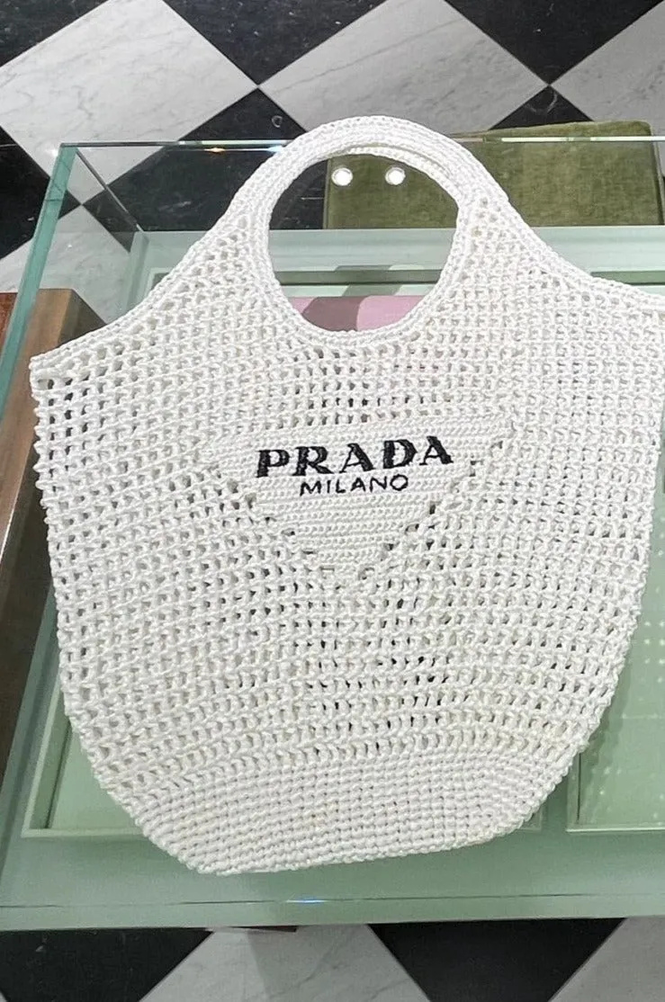 Prada Raffia Basket Tote Bag (White)