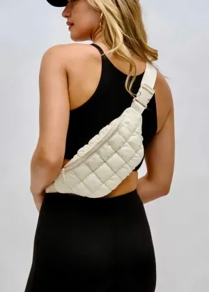 Quilted Puffer Nylon Belt Bag in Cream