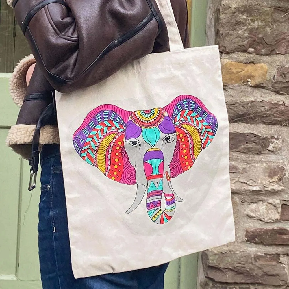 Recycled Cotton Tote Shopping Bag by Shared Earth - Elephant Mandala