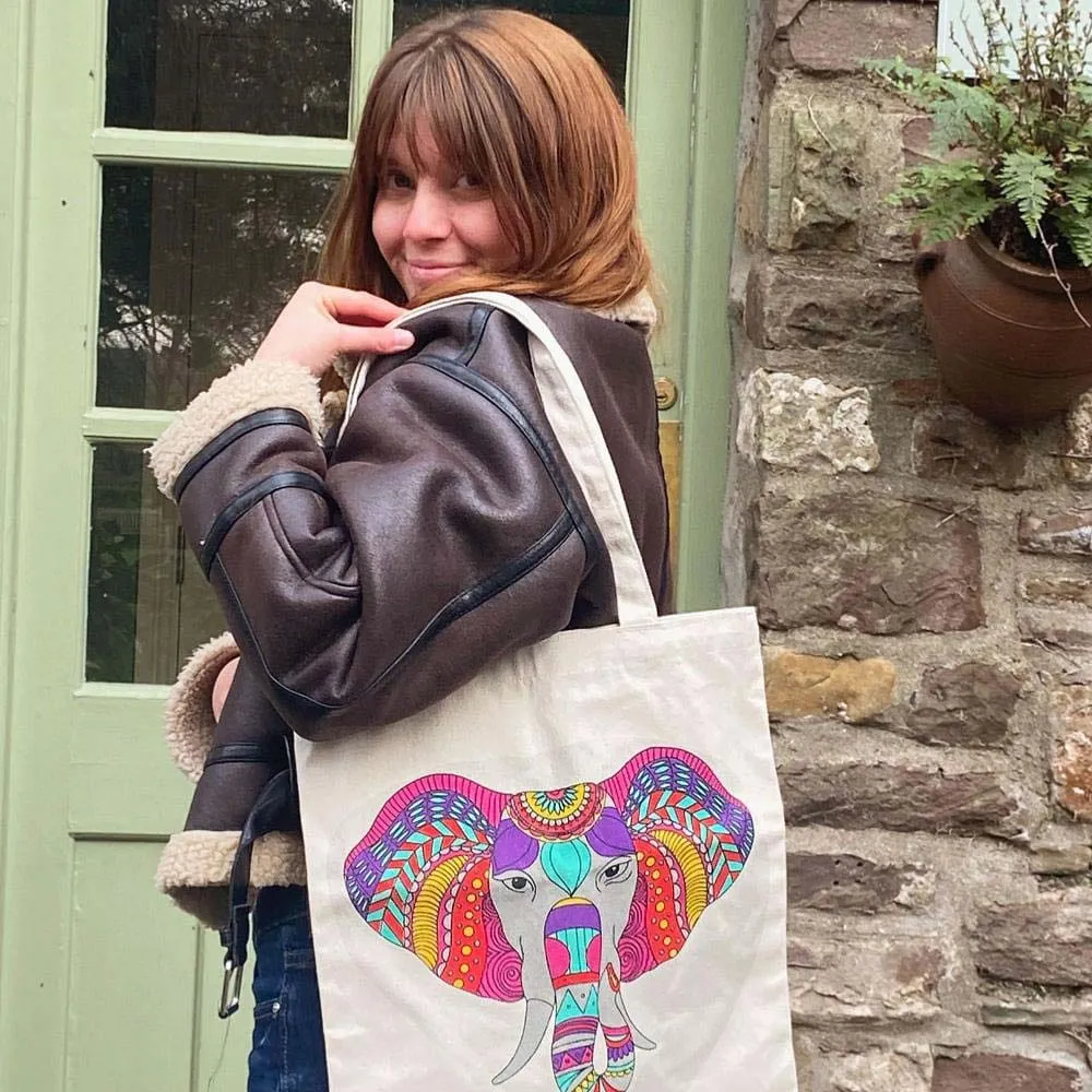 Recycled Cotton Tote Shopping Bag by Shared Earth - Elephant Mandala