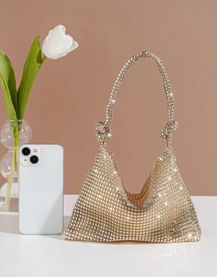 Rhinestone Glitter Bling Luxury Twist handle champagne Hobo Bag