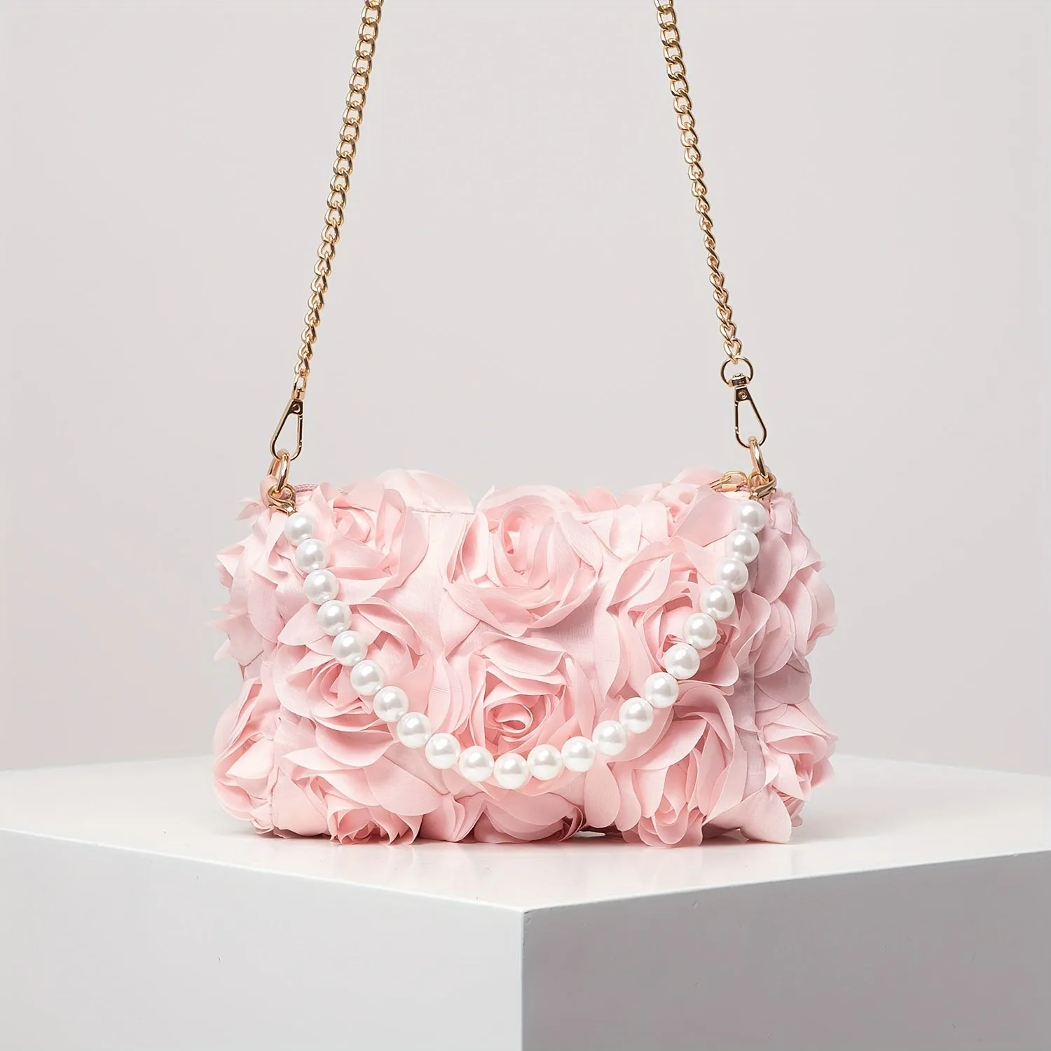 Rose Embroidered Floral Shoulder Chain Bag - Zipper Closure, Beaded Decor Strap, Polyester Lining, Random Printing, Perfect for Valentines Day and Special Occasions