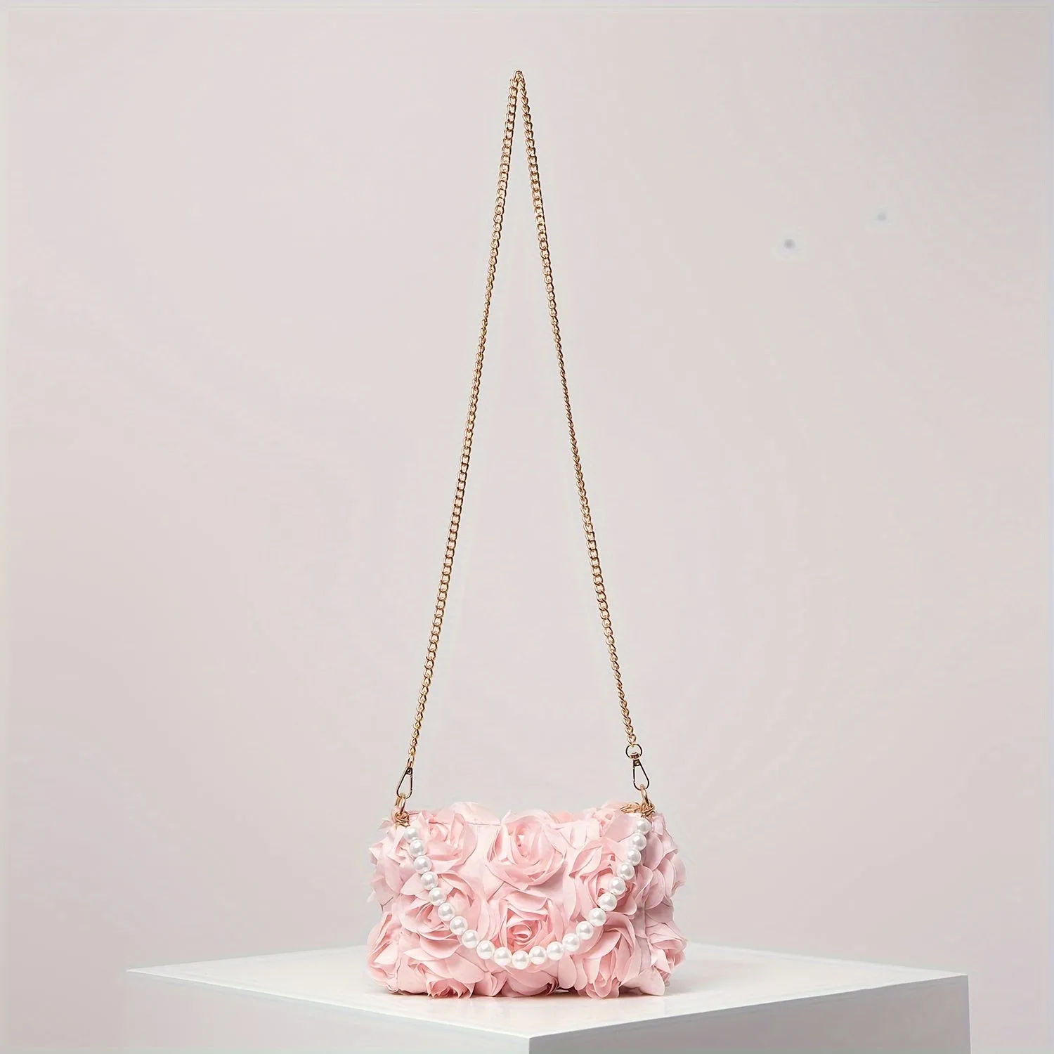 Rose Embroidered Floral Shoulder Chain Bag - Zipper Closure, Beaded Decor Strap, Polyester Lining, Random Printing, Perfect for Valentines Day and Special Occasions