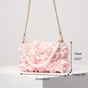 Rose Embroidered Floral Shoulder Chain Bag - Zipper Closure, Beaded Decor Strap, Polyester Lining, Random Printing, Perfect for Valentines Day and Special Occasions