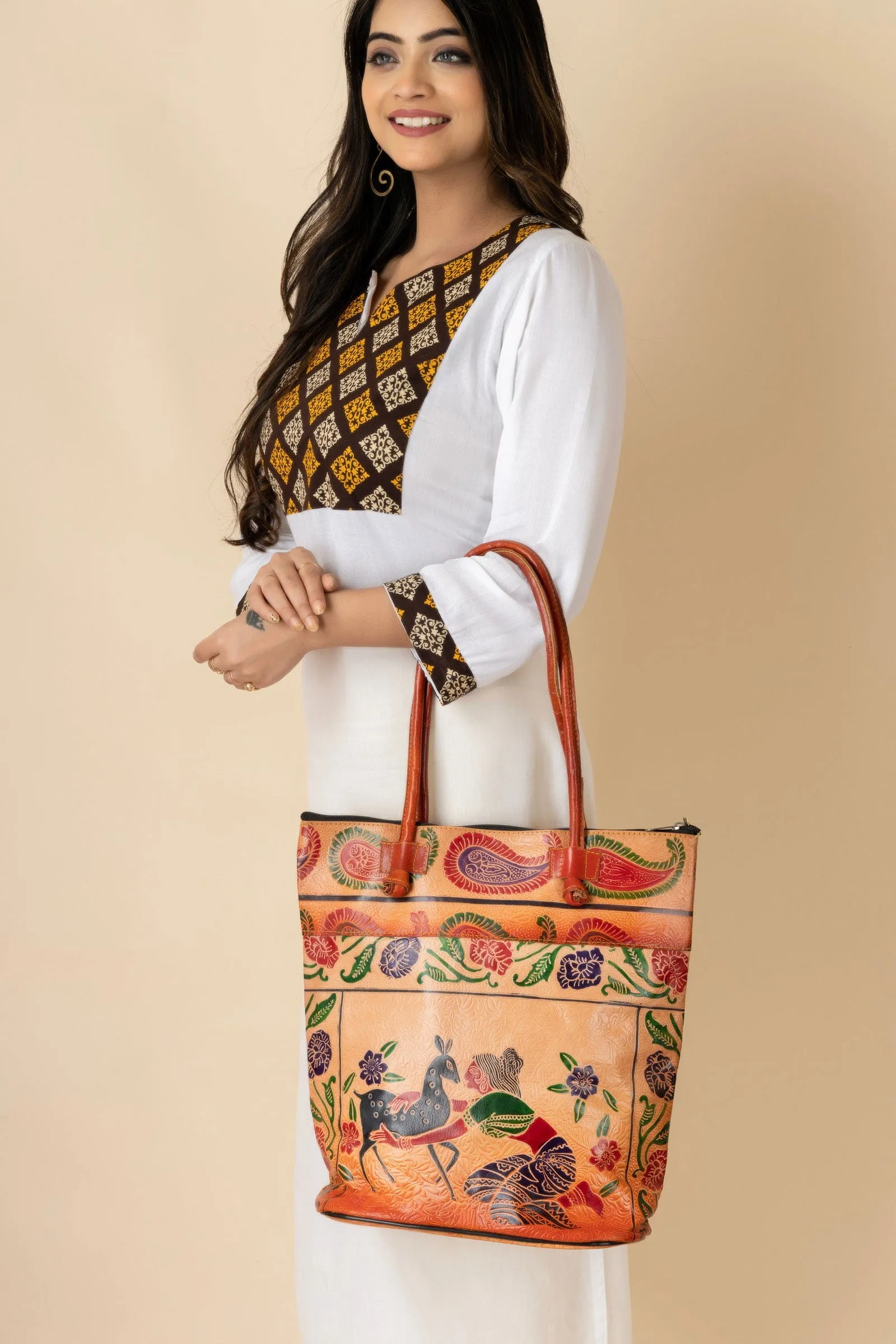 Shantiniketan Handcrafted Brown Leather Handbag for Women - 4 Compartments, Spacious Design 14x14