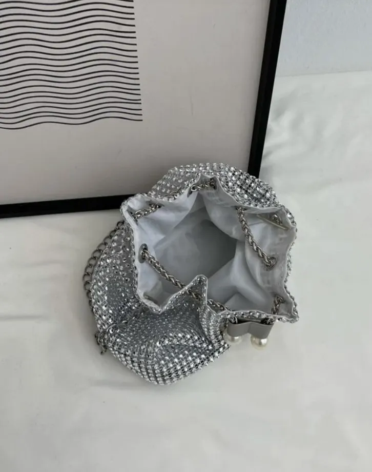 Silver Rhinestone Potli Bag with Pearl Handles for Women