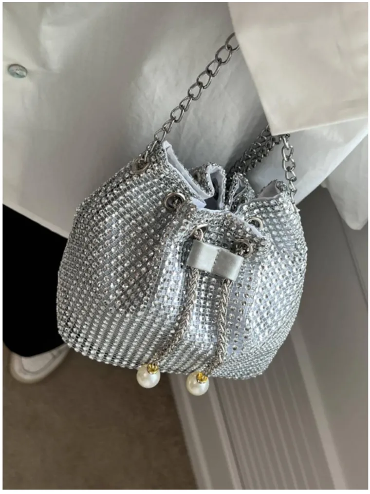 Silver Rhinestone Potli Bag with Pearl Handles for Women