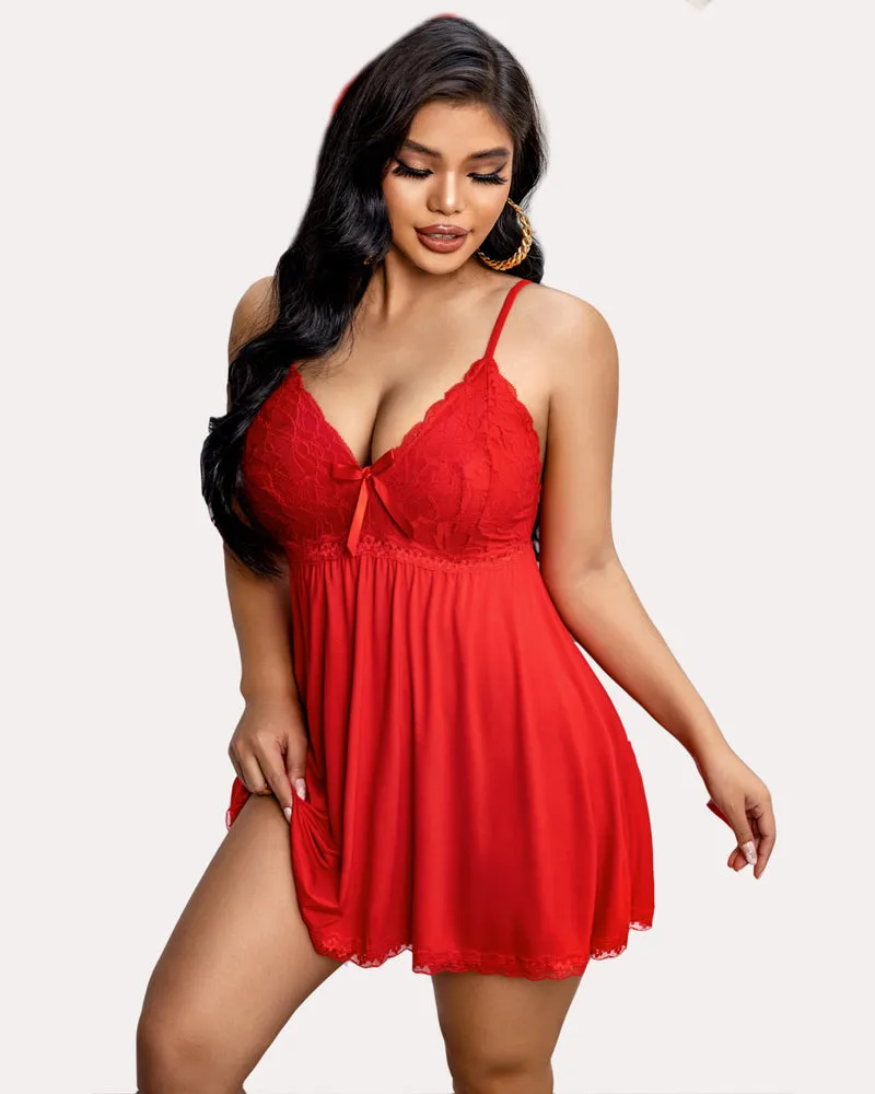 Solid Babydoll Sleepwear Lace V-neck Lounge Dress