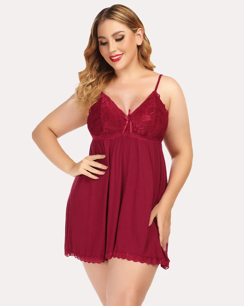 Solid Babydoll Sleepwear Lace V-neck Lounge Dress