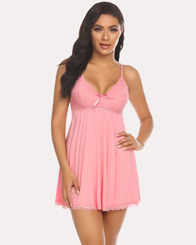 Solid Babydoll Sleepwear Lace V-neck Lounge Dress