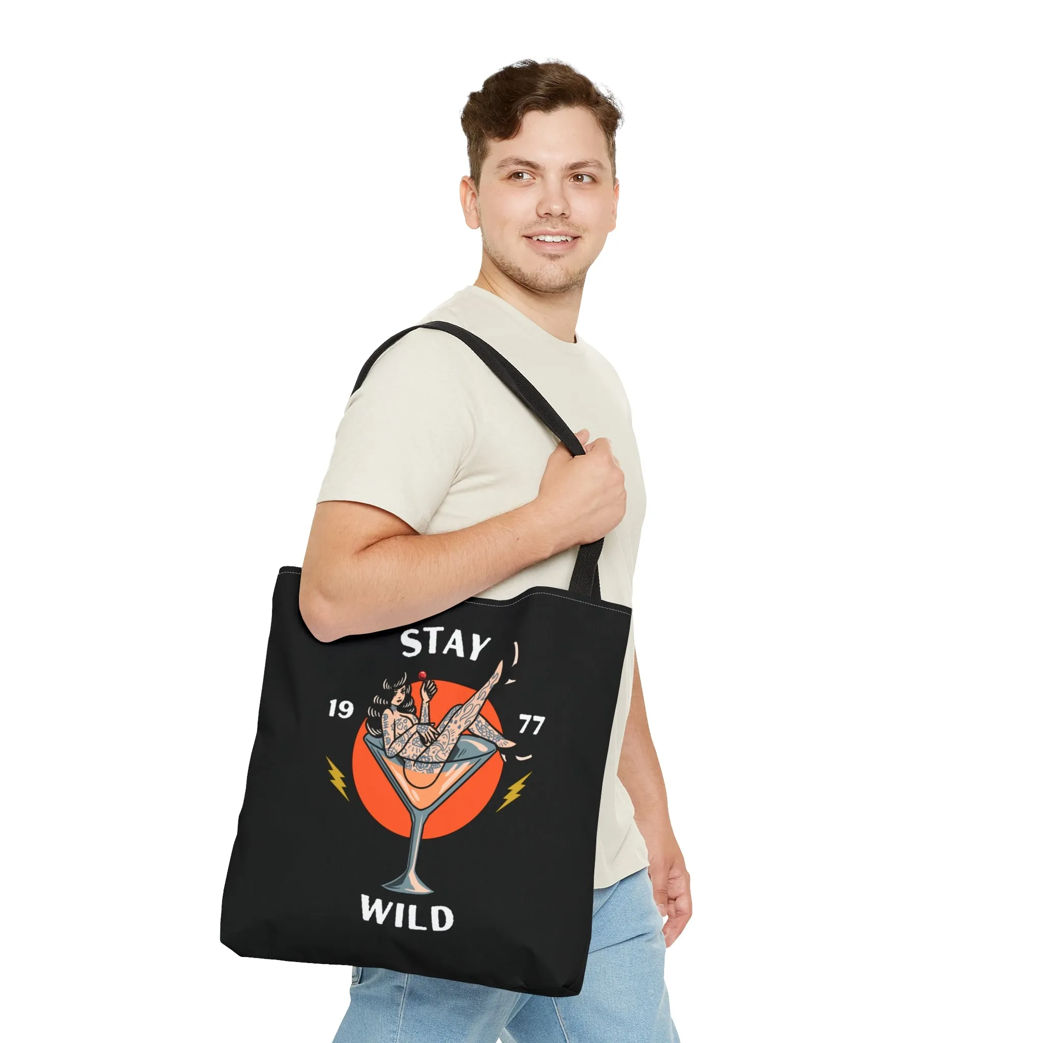 Stay Wild Tattooed Lady Tattoo Tote Bag in Black / Vintage American Old School Traditional Tattoo, Punk Rock Alternative Beach Shopping Bag