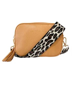 TAN CROSSBODY BAG & LEOPARD PRINT GUITAR STRAP