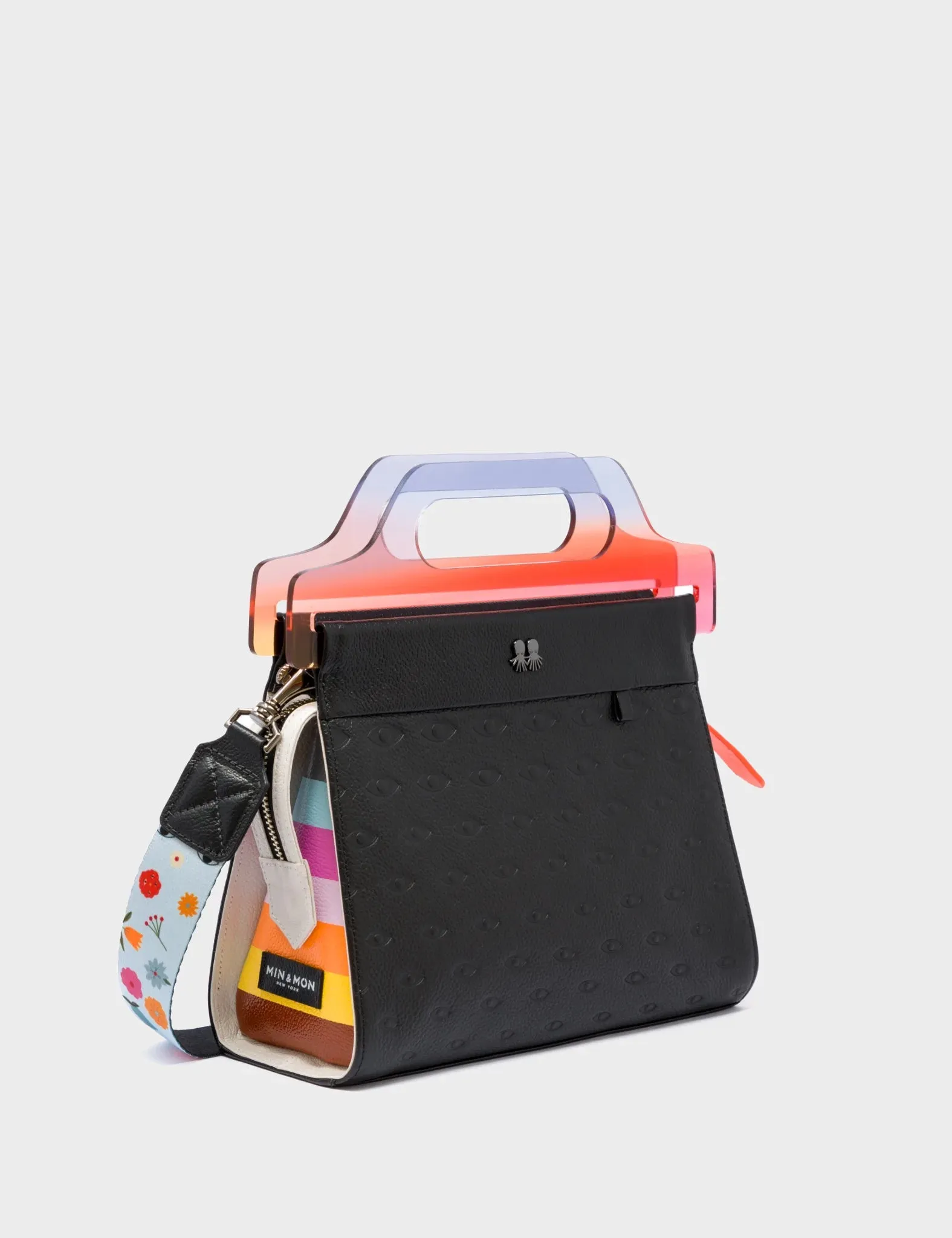 Black Leather Crossbody Handbag with Plastic Handle - Rainbow Groovy Design